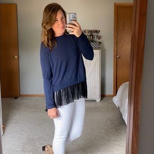 Chelsea28 Navy Blue Sweater with Pleated Hem